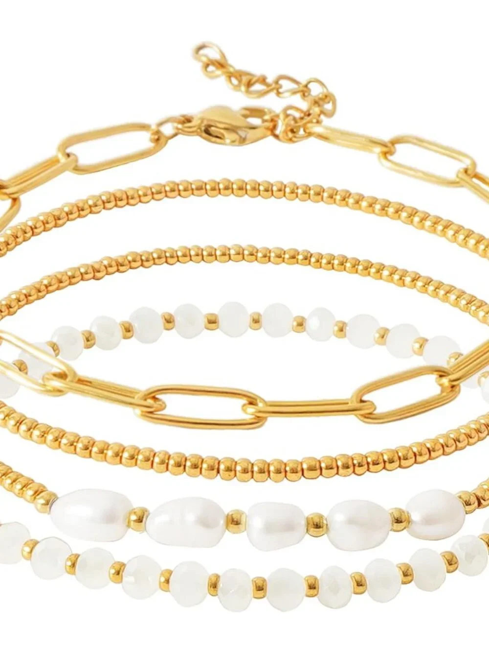 Dainty Gold Plated Pearl Crystal Beaded Bracelets Set for Women 14K Gold Plated - Picture 7 of 7